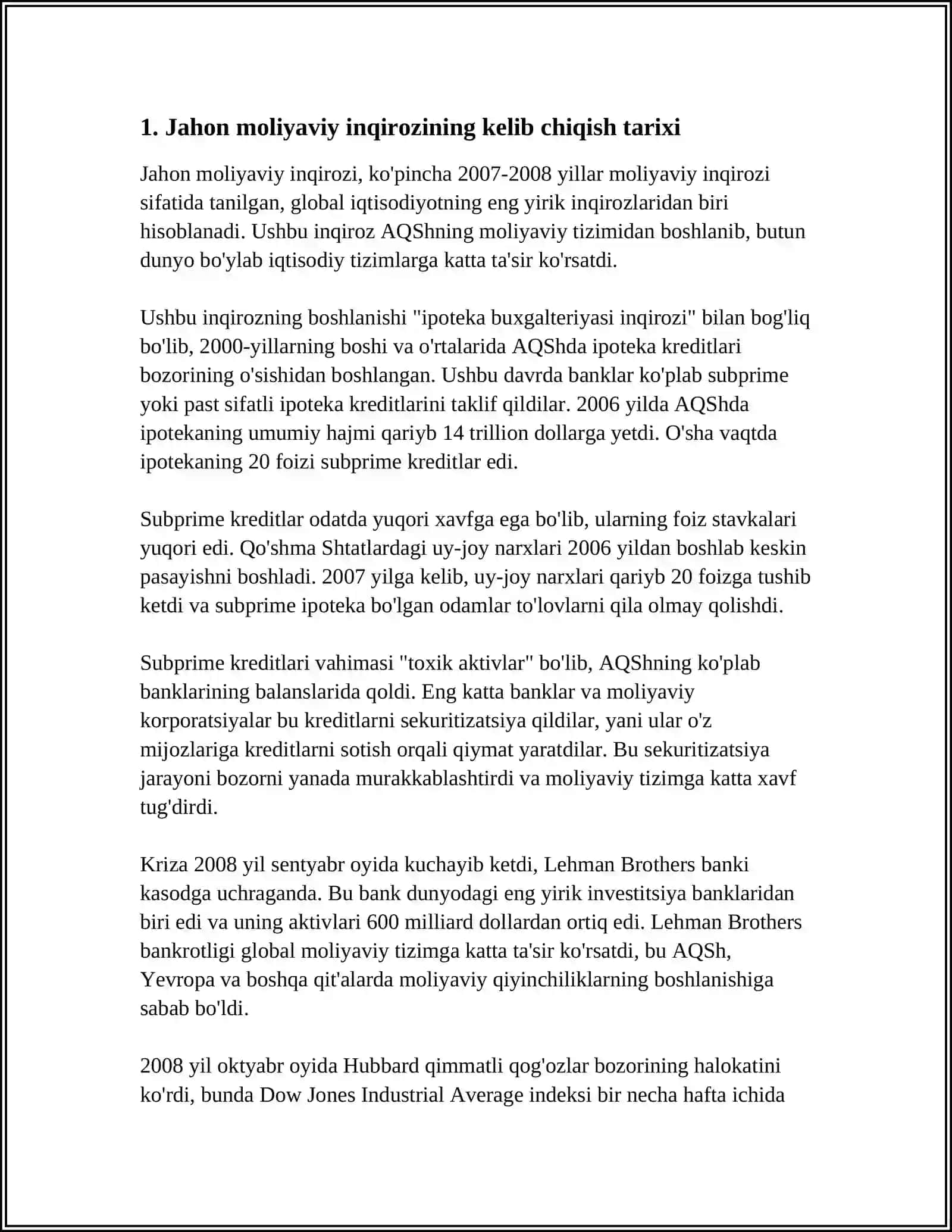 JAHON MOLIYAVIY INQIROZINING YUZAGA KELISHI SABABLARI VA UNI O'ZBEKISTONDA BARTARAF ETISH YO'LLARI 4