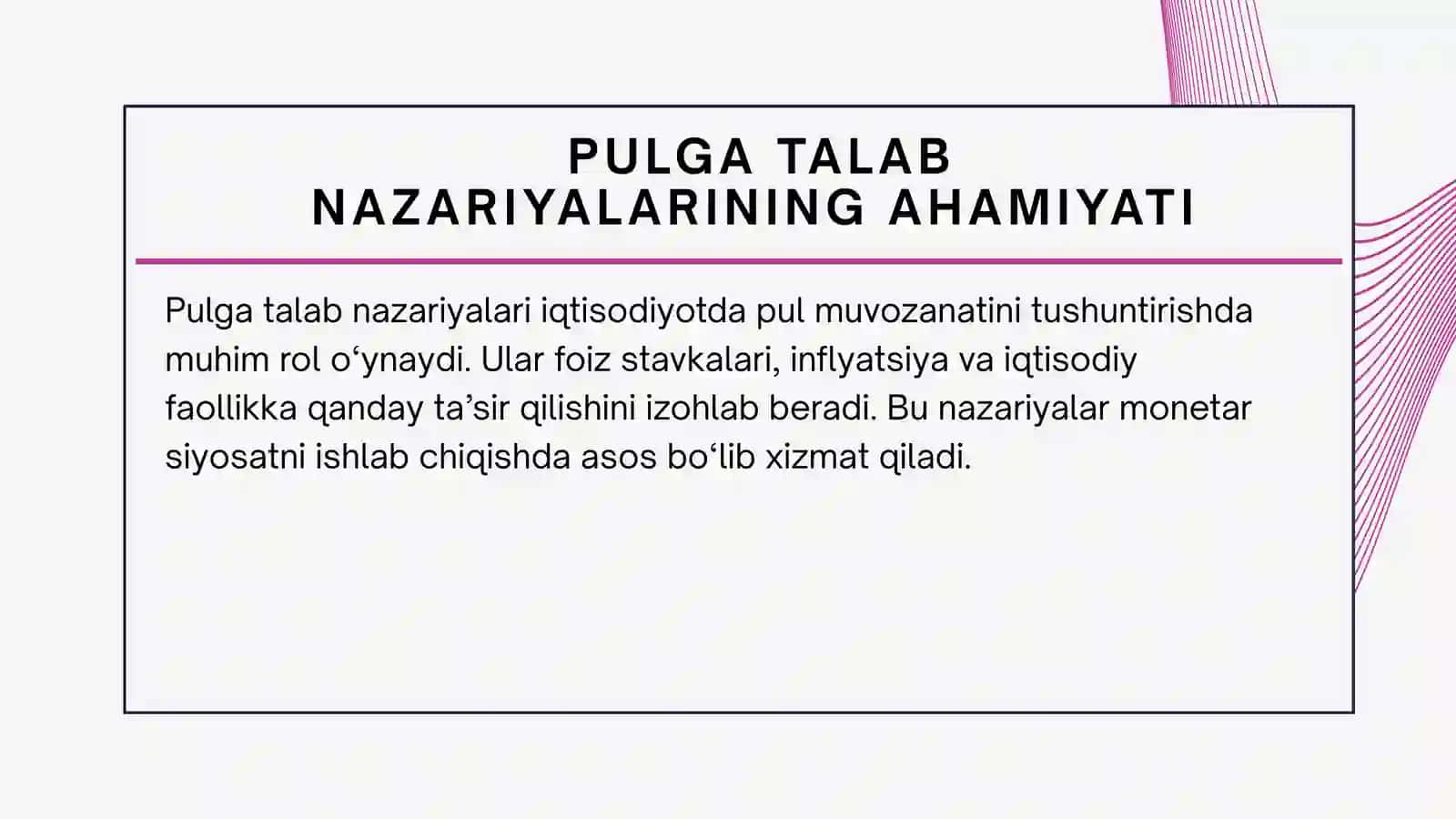 Pulga talab nazariyalari: KLASSIK, KEYNS VA PORTFEL YONDASHUVI 4