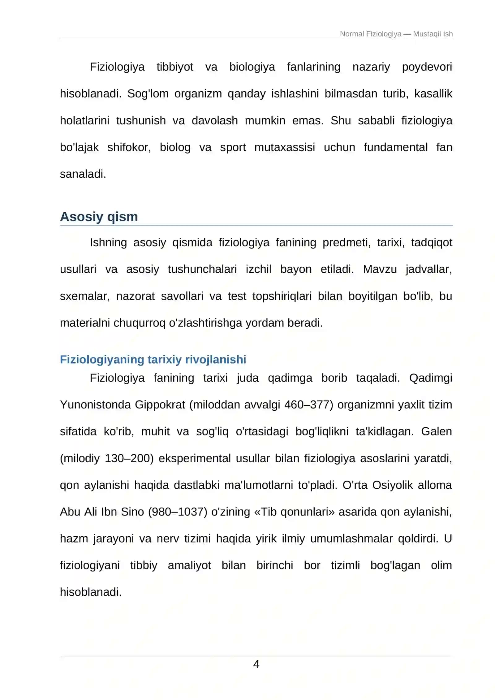 Normal Fiziologiya — Mustaqil Ish 4
