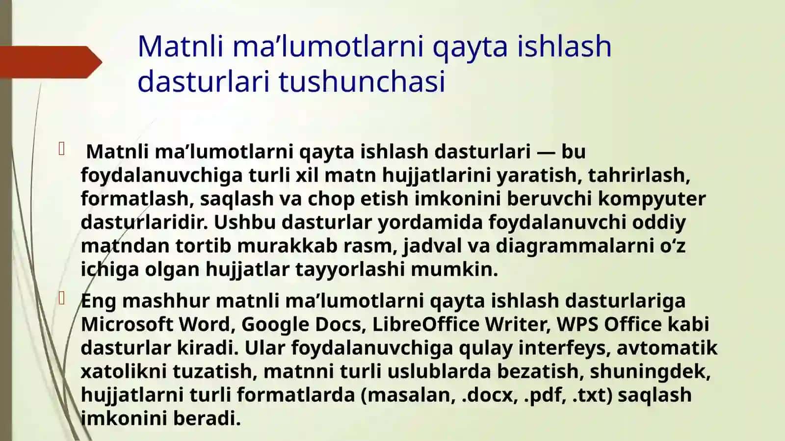 Matnli ma’lumotlarni qayta ishlash dasturlari tushunchasi 4