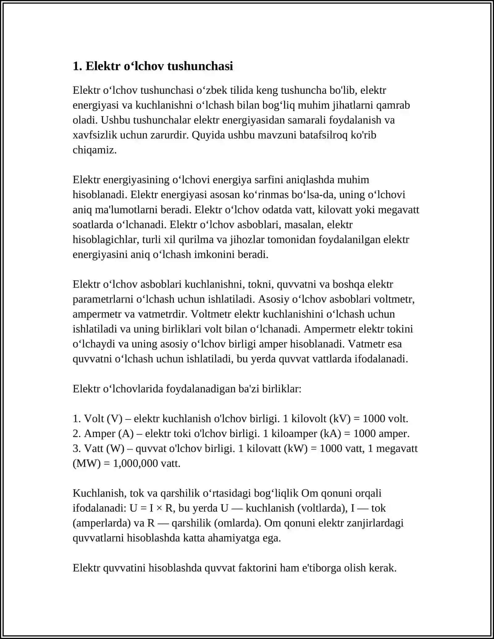 ELEKTR OʻLCHOV TUSHUNCHASI 4