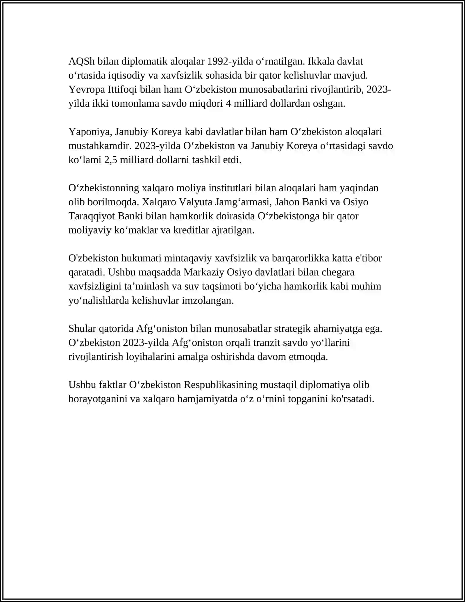 O‘zbekiston va Jahon Hamjamiyati 4