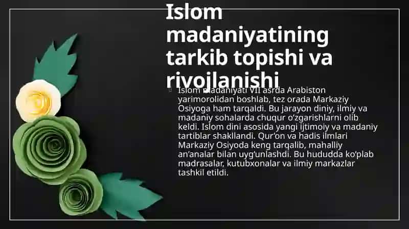 Islom madaniyatining tarkib topishi va rivojlanishi. Markaziy Osiyolik buyuk hadisshunos olimlar va ularning islom madaniyatiga qo‘shgan hissasi. 4
