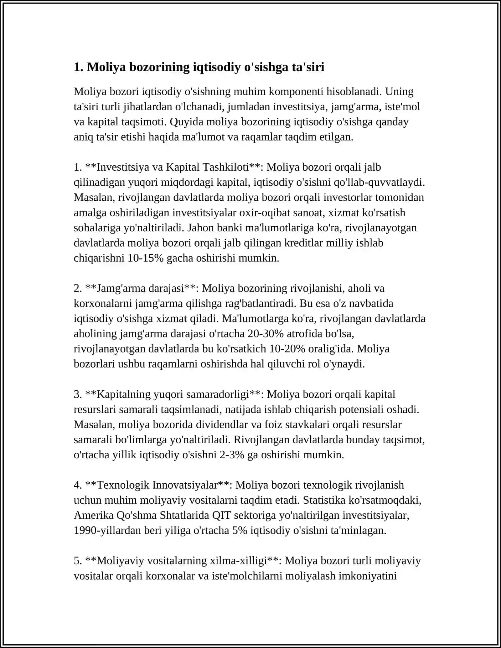 MOLIYA BOZORI VA IQTISODIY O'SISH O'RTASIDAGI BOG'LIQLIK QANDAY REFERAT 4