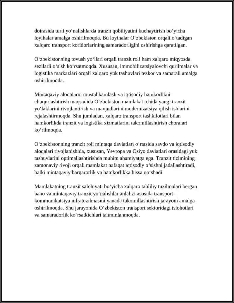 JAHON TRANSPORT TIZIMIDA OʻZBEKISTON TRANSPORTINING ÕRNI 4