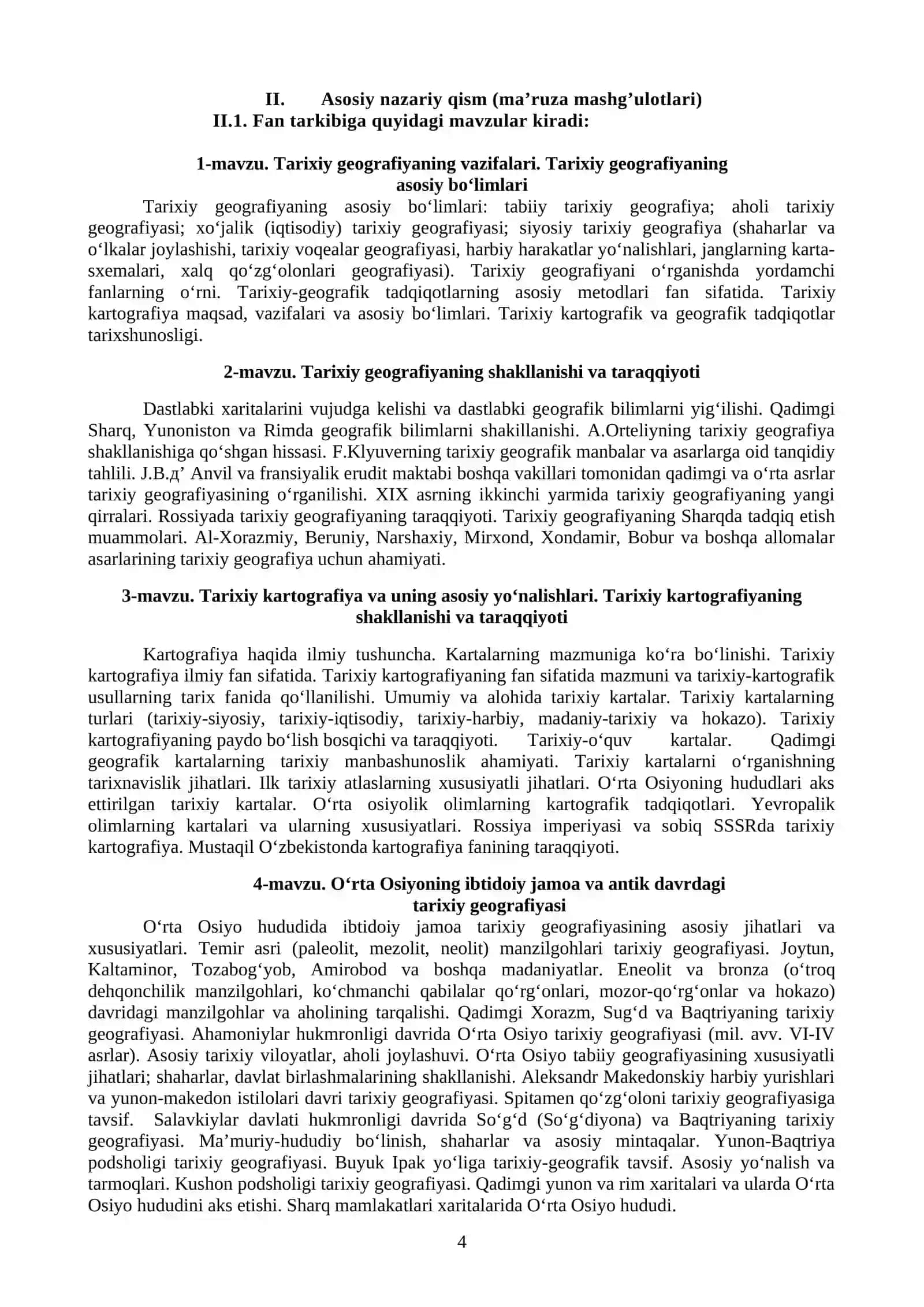 Tarixiy geografiya fanining o`quv dasturi 4