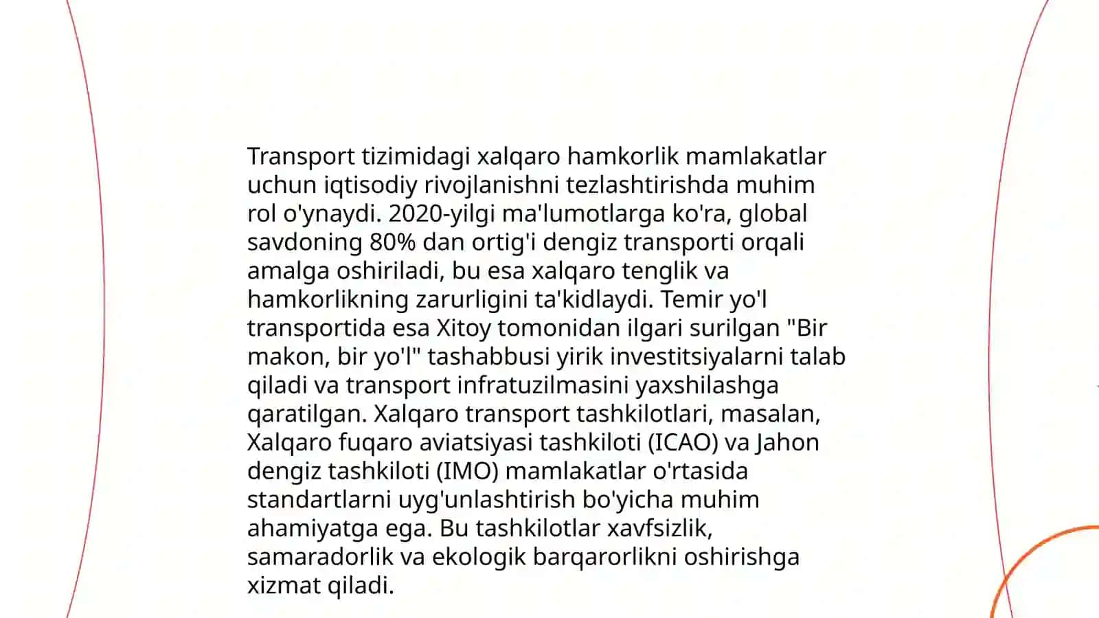 Jahon transport tizimida O'zbekiston transportining o'rni 4