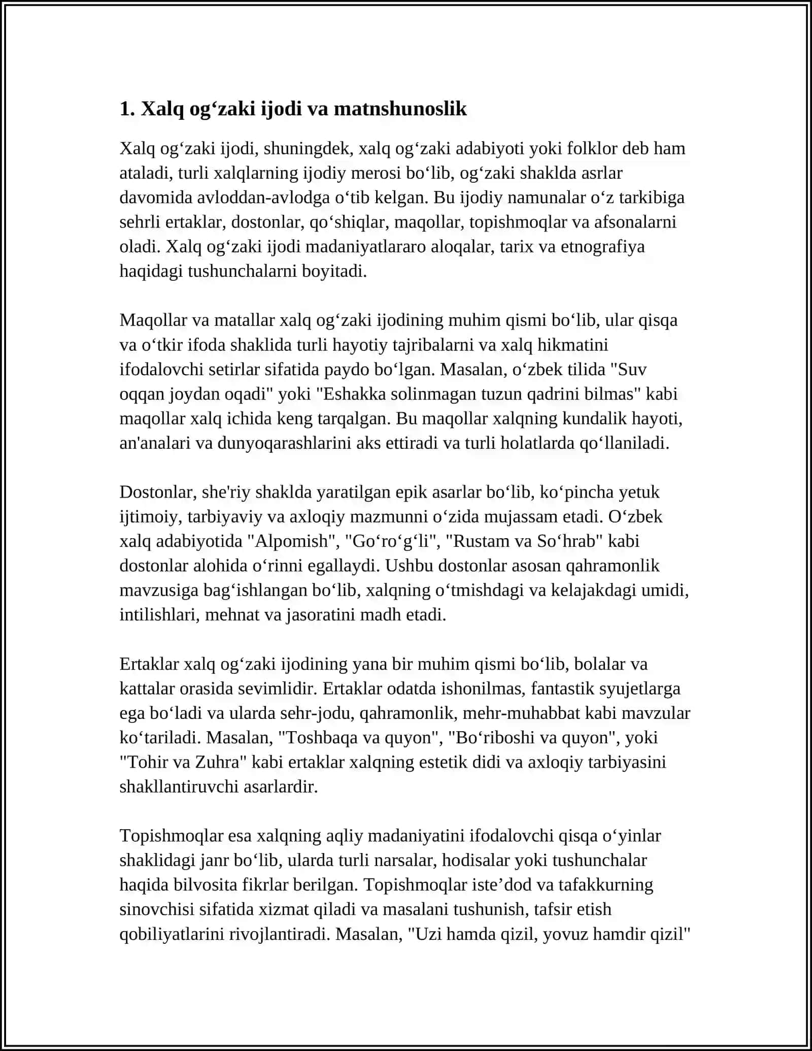 Xalq Og'zaki Ijodida Matn An’anasi. Epik Janrlarda Adabiy, Badiiy Qoliplar va An’anaviy Tasvir Vositalari 4