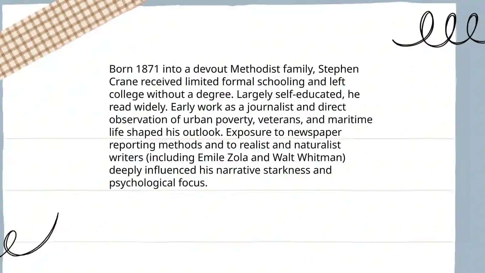 Stephen Crane.Biography.Literary career,literary vorks,style of vriting 4