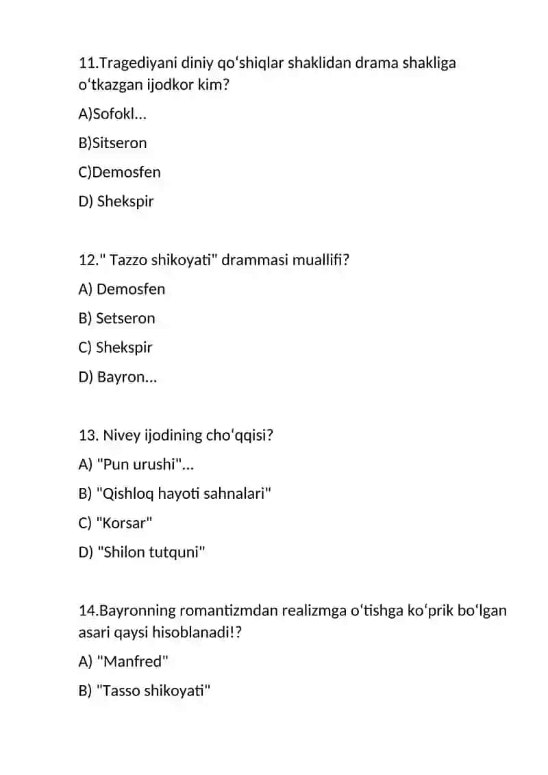 jahon adabiyoti mustahkamlash uchun testlar 4