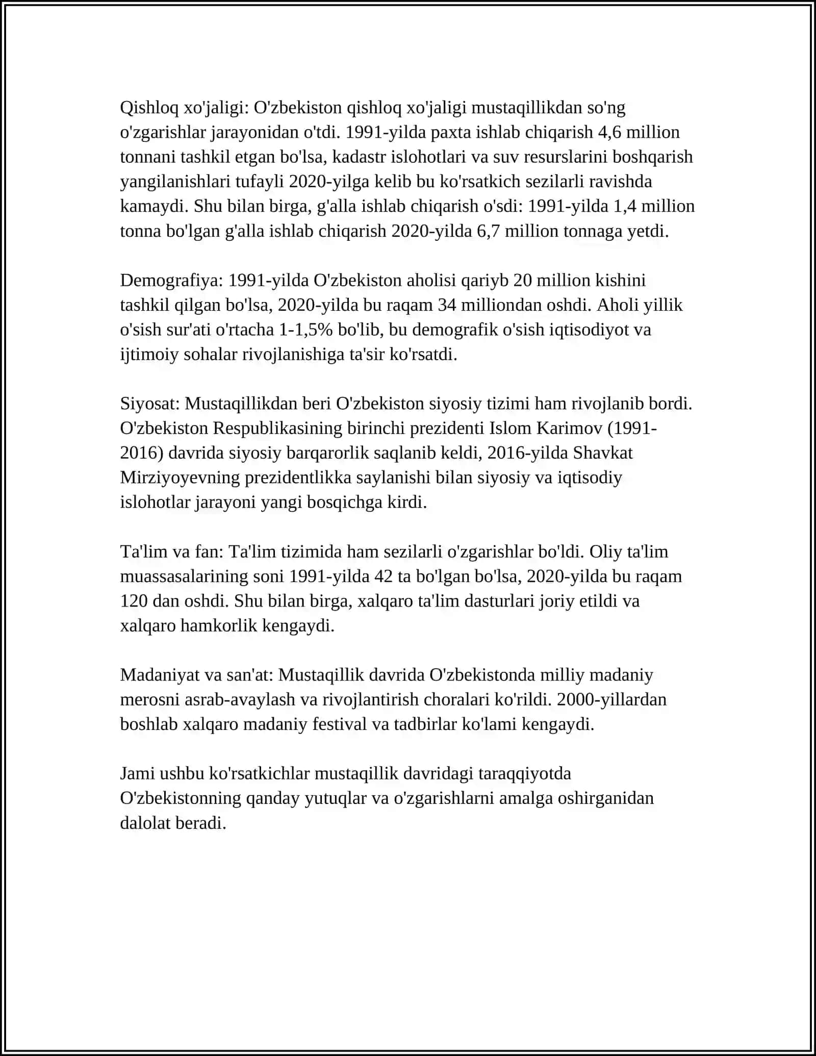 ÕZBEKISTON 2020 YIL NIMA BULDI MUSTAQIL ISH 4