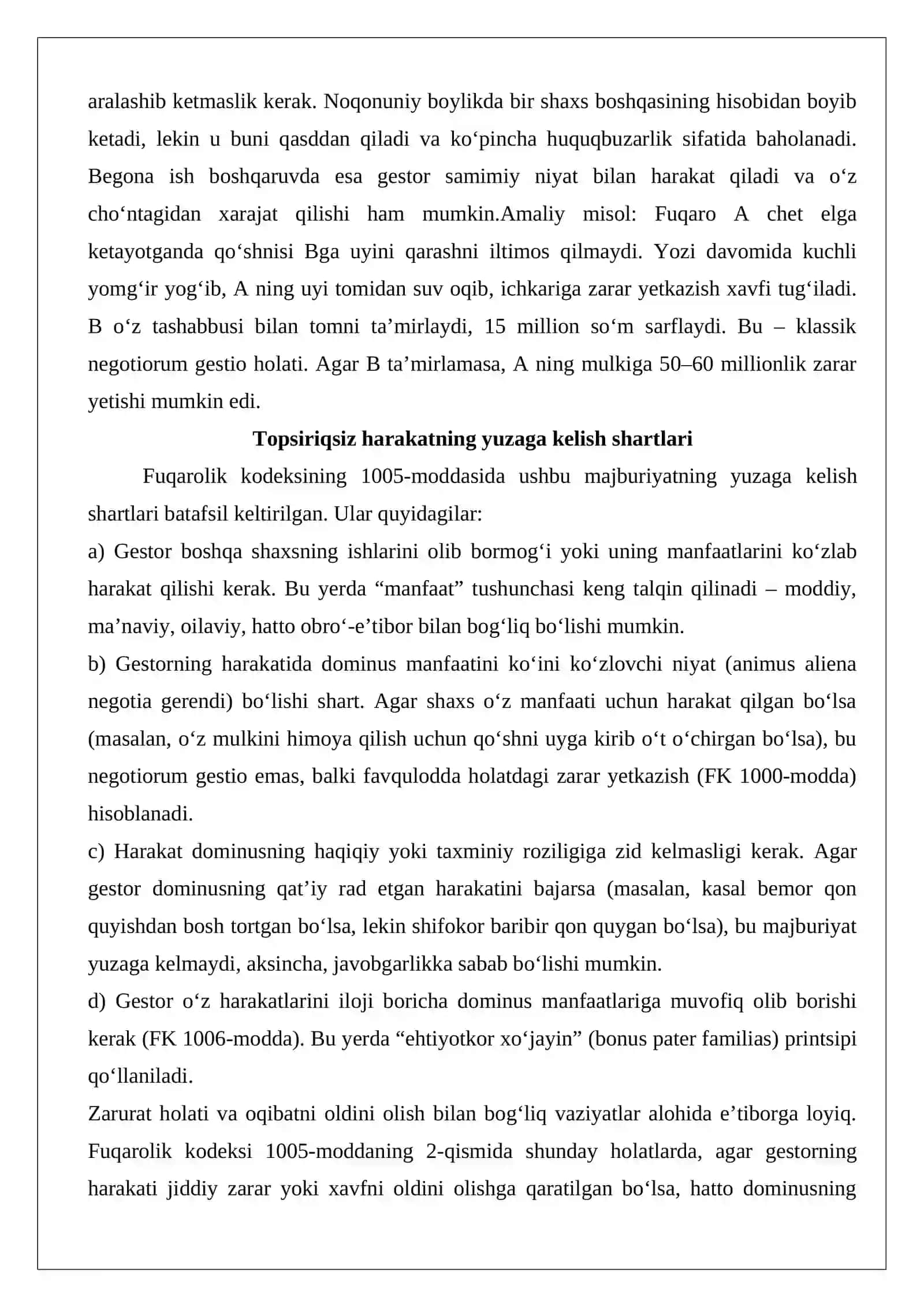 Begona shaxsning manfaatini ko’zlab topshiriqsiz harakat qilish (negotiorum gestio) tushunchasi va huquqiy oqibatlari 4