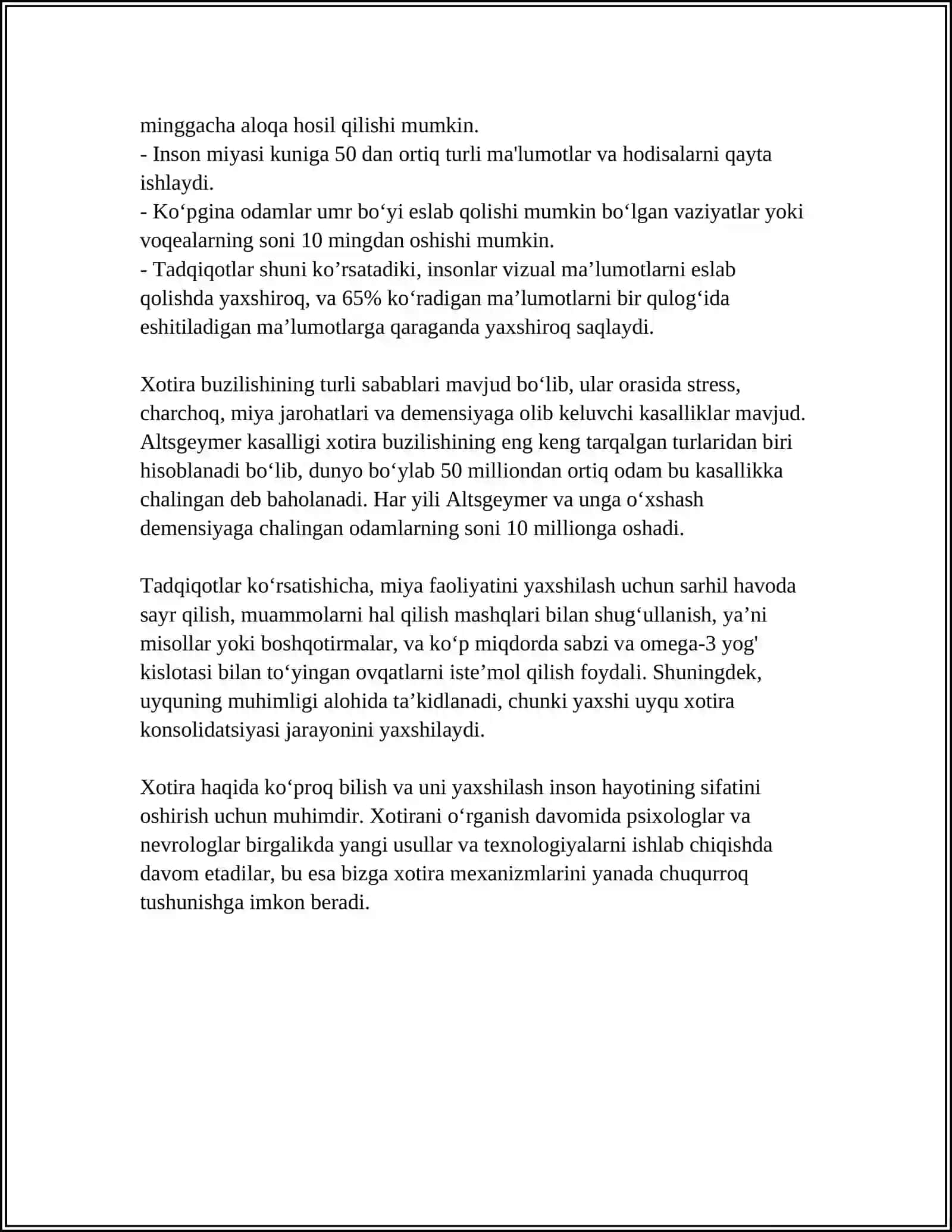 XOTIRA HAQIDA TUSHUNCHA VA UNING NERV-FIZIOLOGIK ASOSI. XOTIRA TURLARI VA UNING JARAYONLARI 4