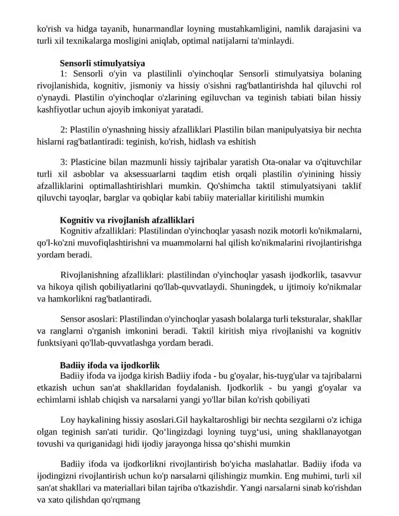 Loy Va Plastilindan OʻYinchoqlar Yasashning Sensor Asoslari 4