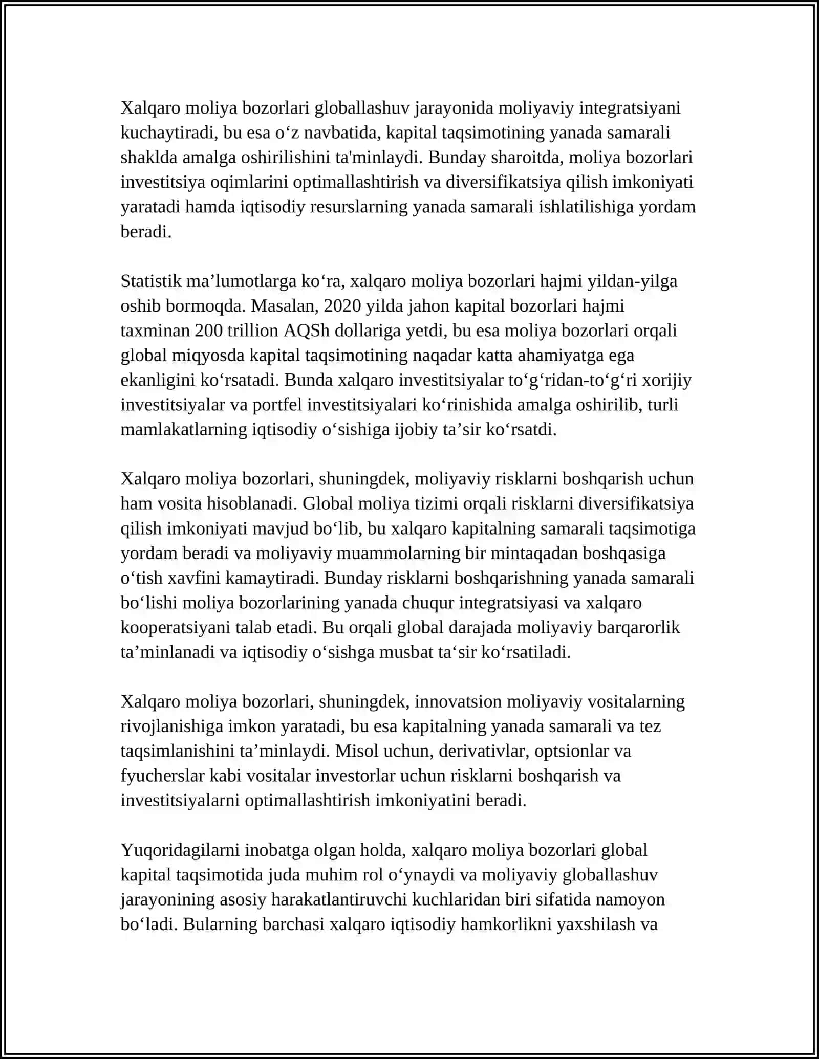 MOLIYAVIY GLOBALLSHUVDA XALQARO MOLIYA BOZORLARINING RO'LI 4