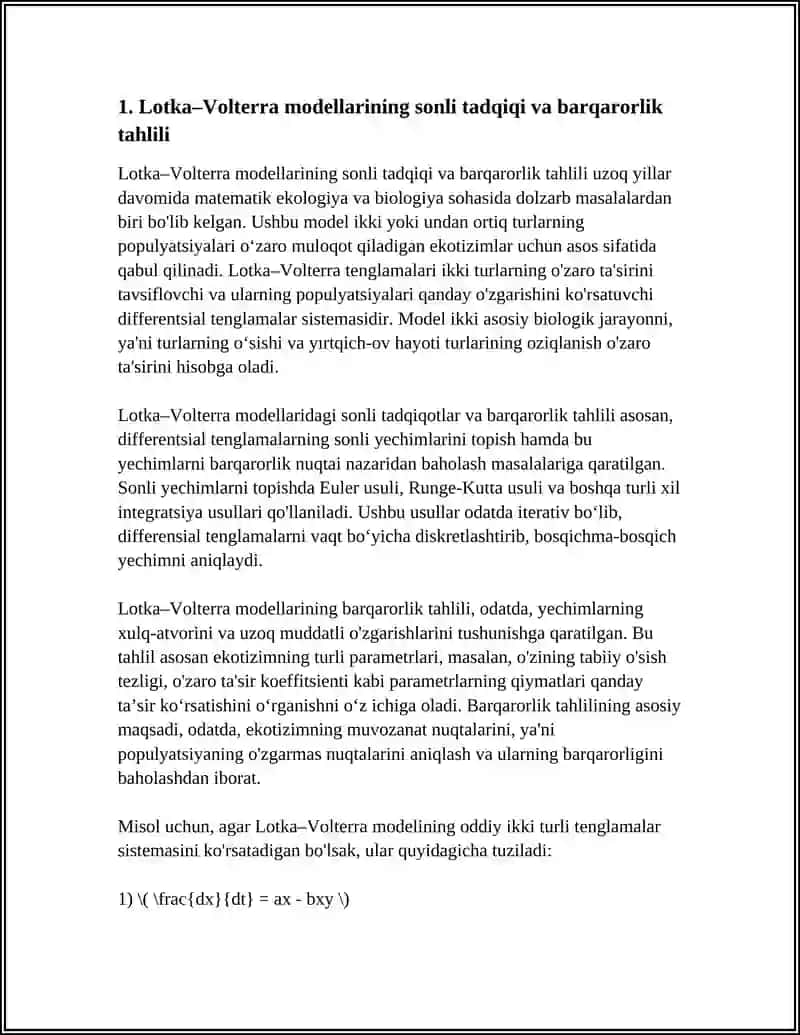 OʻZARO TAʼSIRLASHUVCHI POPULYATSIYALARNI SONLI MODELLASHTIRISH 4