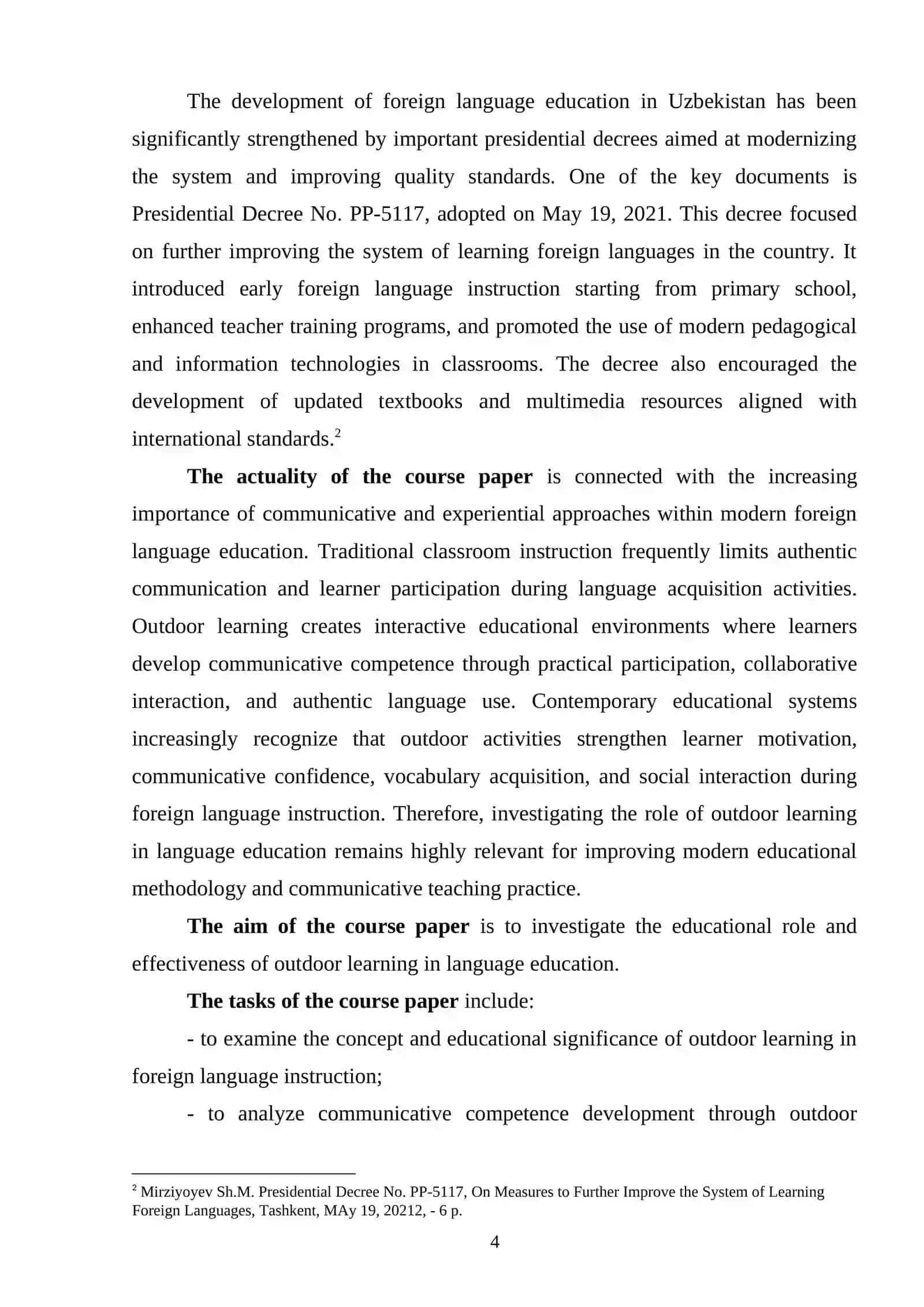Course Paper on "The role of outdoor learning in language education classrooms" 4