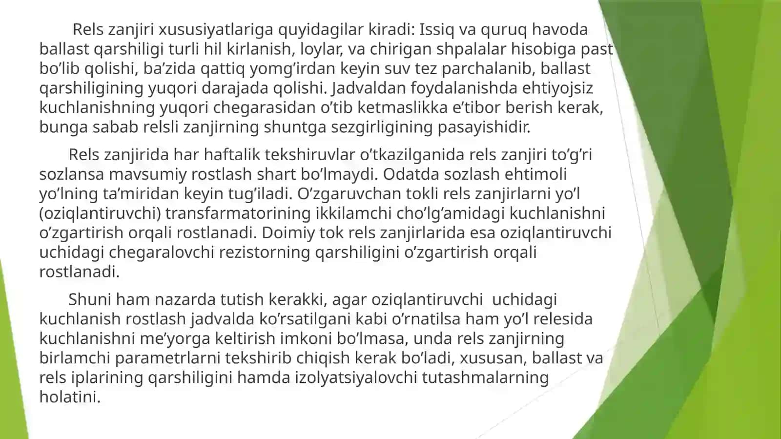 PROFLAKTIKA VA ROSTLASHDAGI RELSLI ZANJIRDA O‘LCHOVLAR 4
