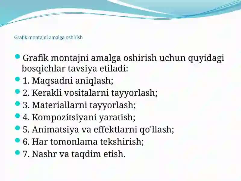 Grafik montaj va animatsiyalar ni taqdim etish da qo’llaniladigan usullar 4