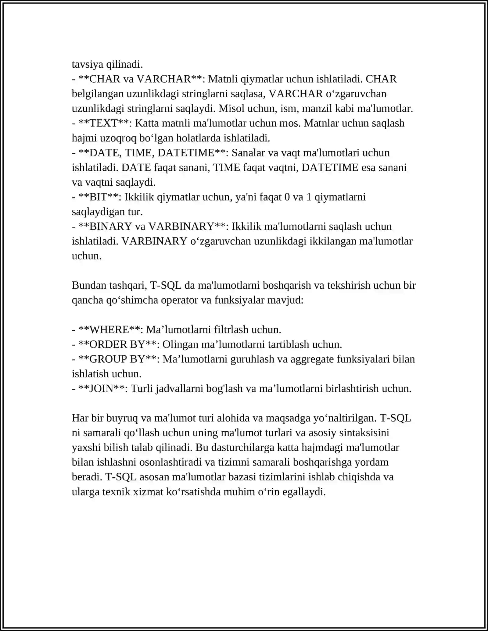 MA'LUMOTLARNI USTIDA AMALLAR BAJARISH TILINING (TRANSACT SQL) KENG IMKONIYATLARI 4