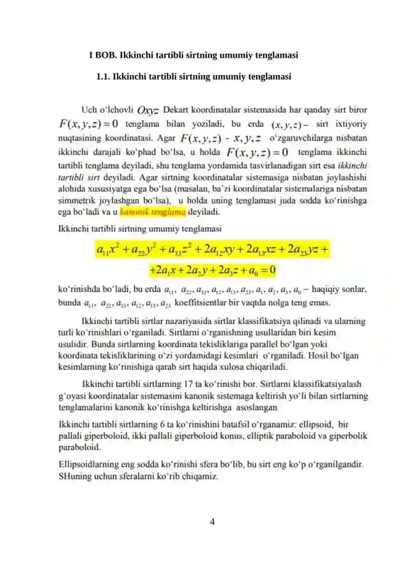 Ikkinchi tartibli sirtlarning urinma tekislik tenglamalari 4