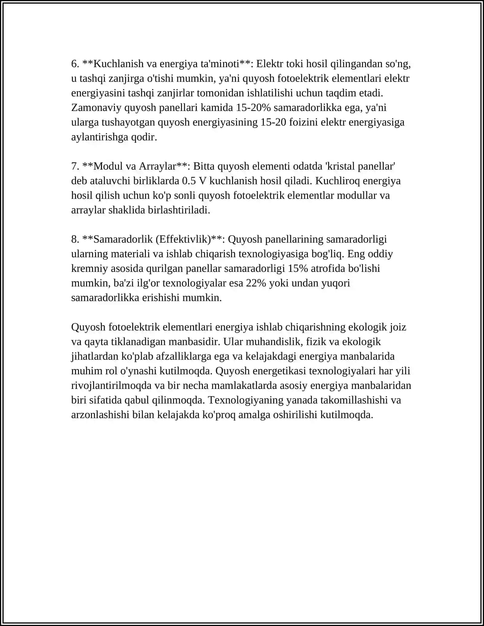 QUYOSH FOTOELEKTRIK ELEMENTLARI VA MODULLARI 4