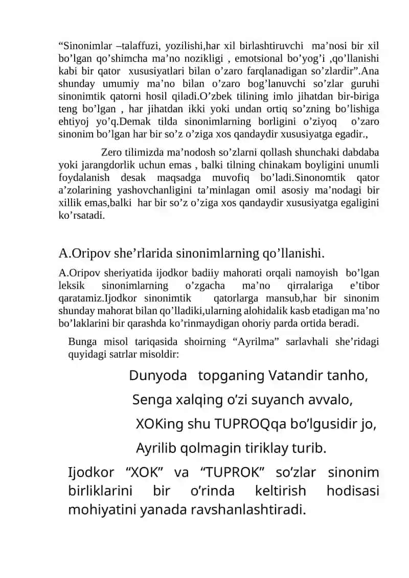 Abdulla Oripovning she`rlarida sinonimlar 4