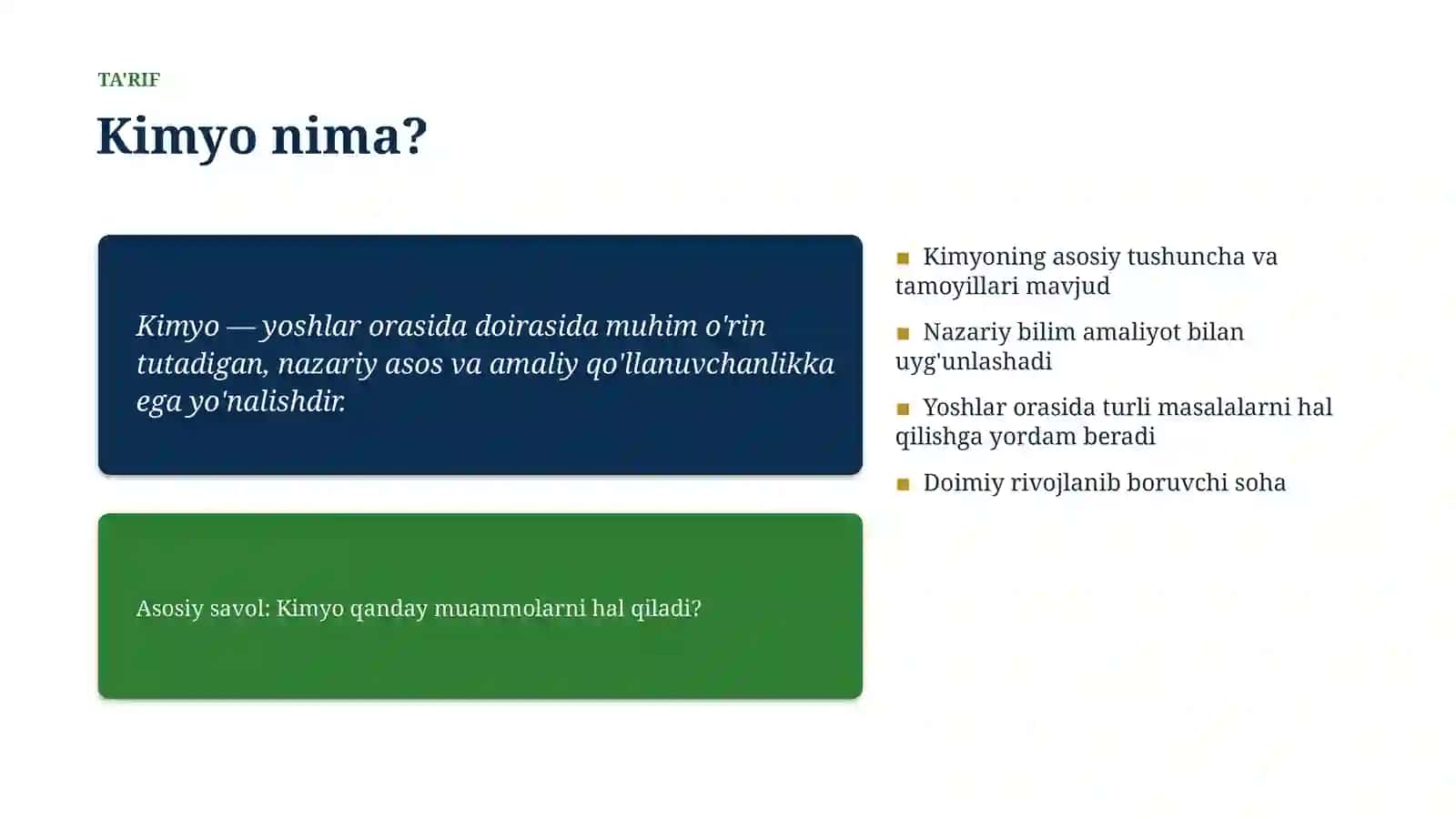 Yoshlar Orasida • #303003 - Kimyo Muammolari va Yechimlari 4