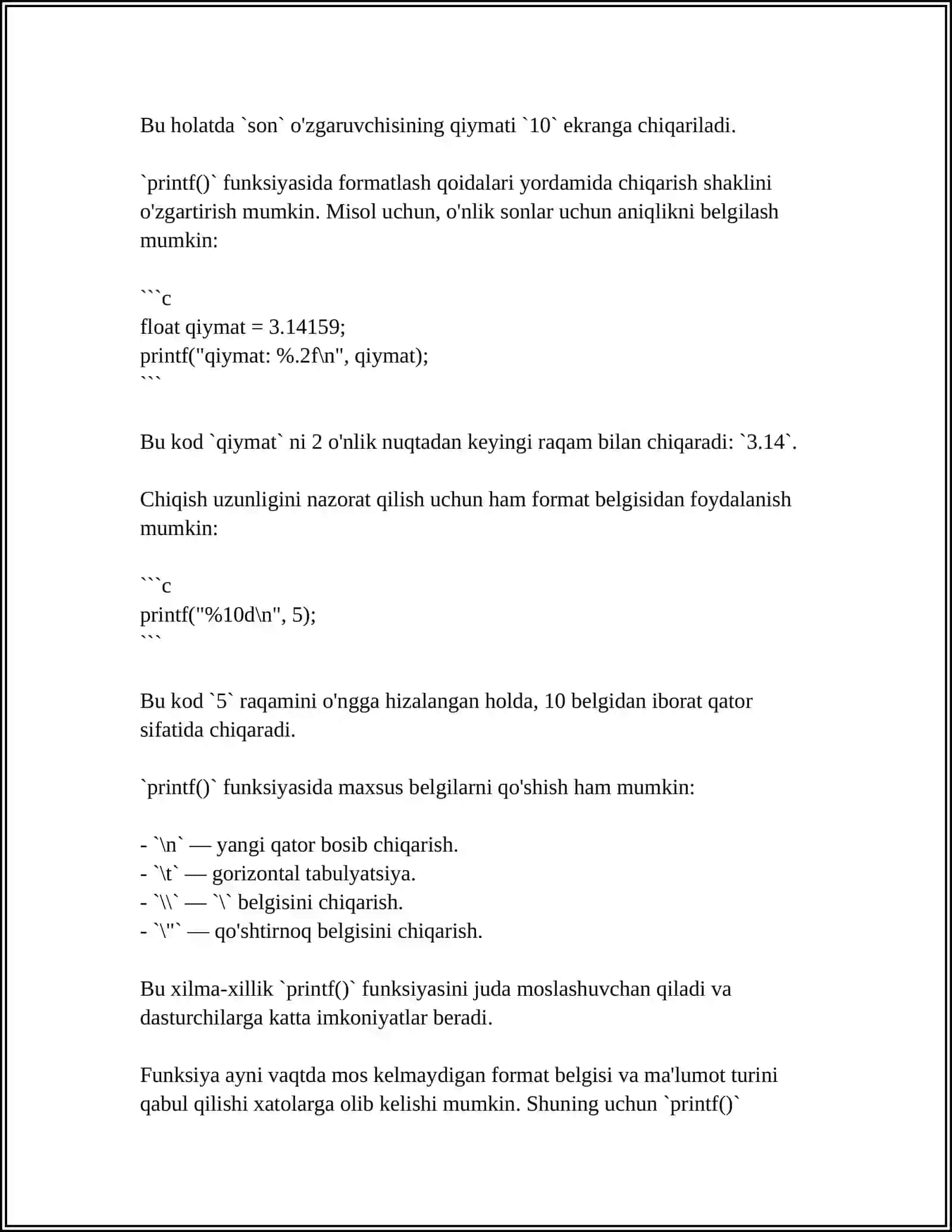 KONSOL YORDAMIDA FORMATLI KIRITISH VA CHIQARISHNI (PRINTF(), SCANF()) 4