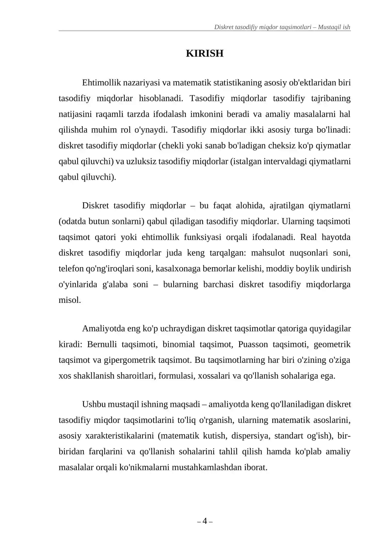 Diskret tasodifiy miqdor taqsimotlari – Mustaqil ish 4