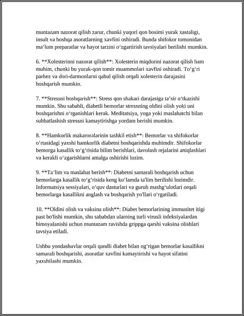 QANDLI DIABETDA BEMORLARNI PARVARISHLASH YONDASHUVLARI 4
