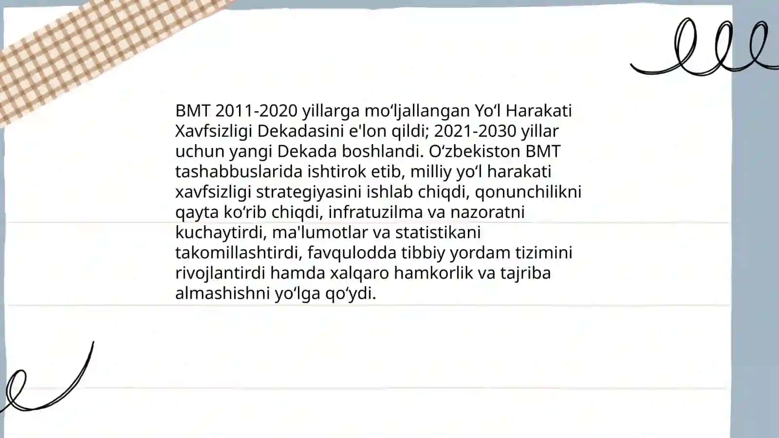 O'zbekiston Respublikasining xalqaro shartnomalardagi o'rni yo'l harakati xavfsizligi fanidan 4