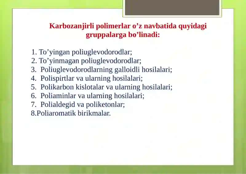 POLIMERLARNING MEXANIK MUSTAHKAMLIGI VA FUNKSIONAL GRUPPALAR MAKROMOLEKULA TEKISLIGI 4