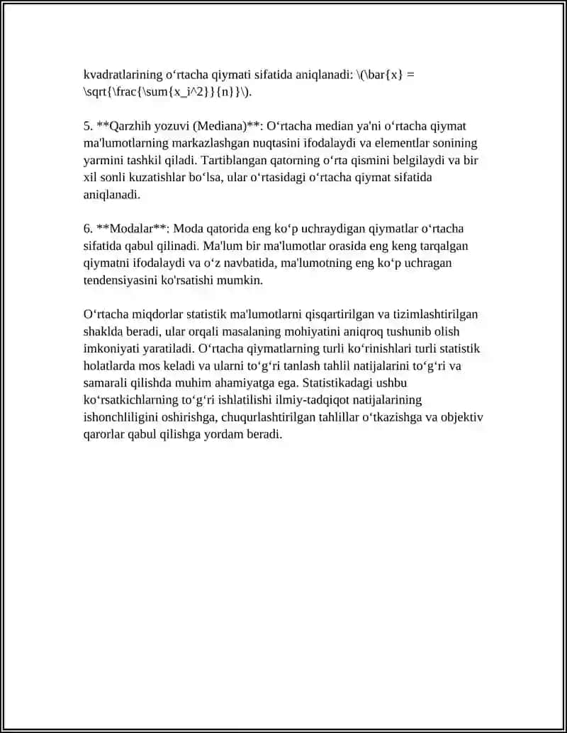 OʻRTACHA MIQDORLAR STATISTIKA FANIDAN 4