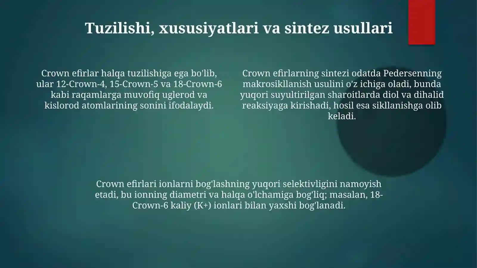 Crown efirlar: Tuzilishi, xususiyatlari va sintez usullari 4