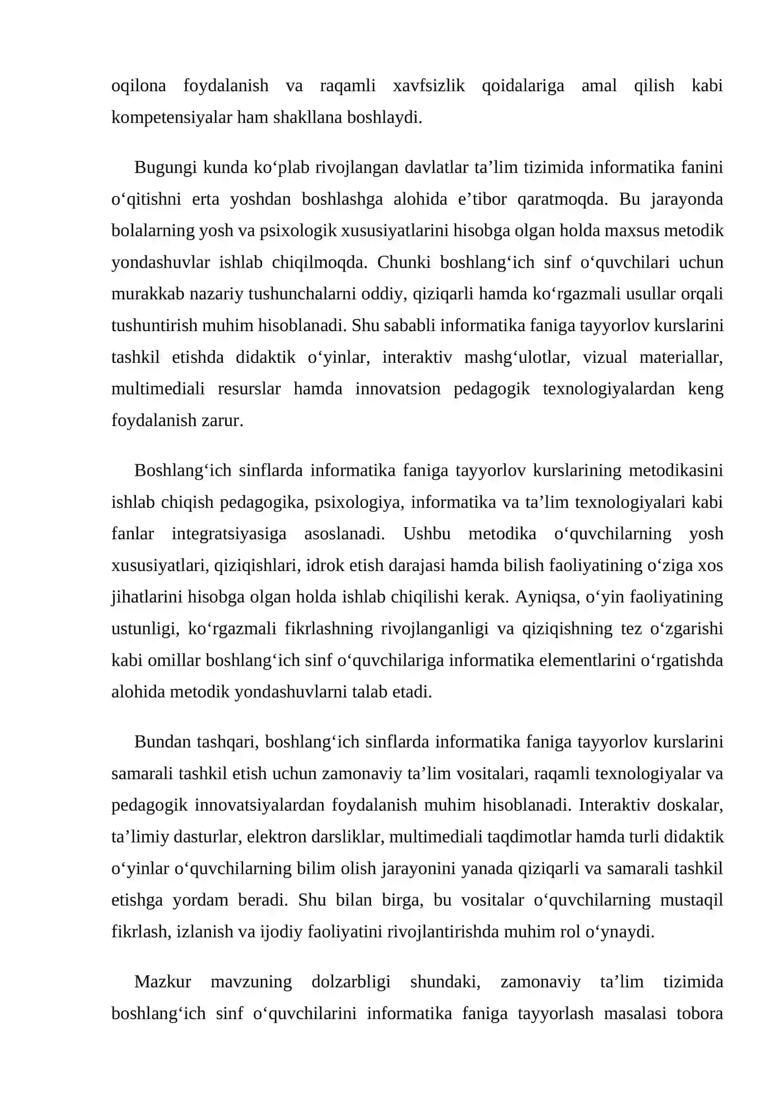 KURS ISHI :"Boshlang‘ich sinflarda informatika faniga tayyorlov kurslarining metodikasi" 4