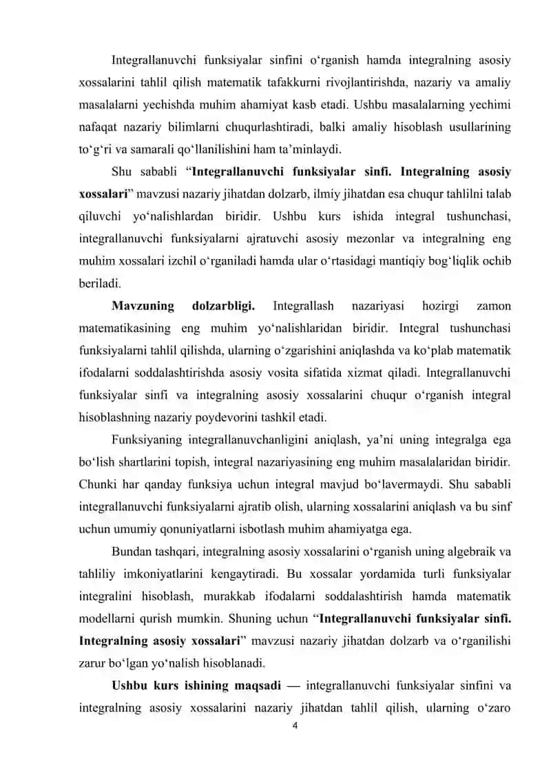 INTEGRALLANUVCHI FUNKSIYALAR SINFI. INTEGRALNING ASOSIY XOSSALARI. 4