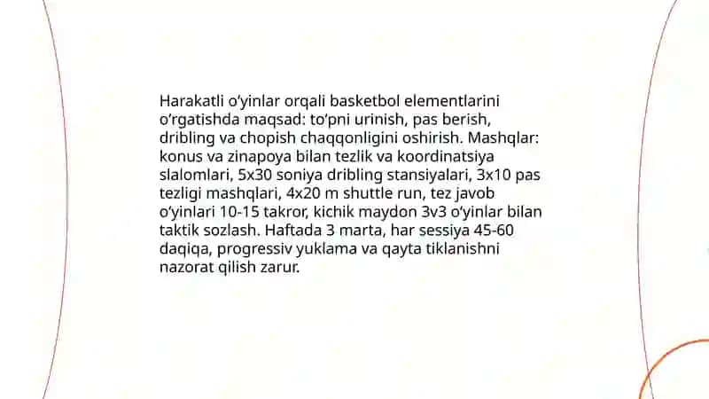 Harakatli oʻyinlar orqali sport oʻyinlari elementlarini oʻrgatish.Josmoniy sifatlarni rivojlantiruvchi harakatli oʻyinlarni oʻrgatish 4