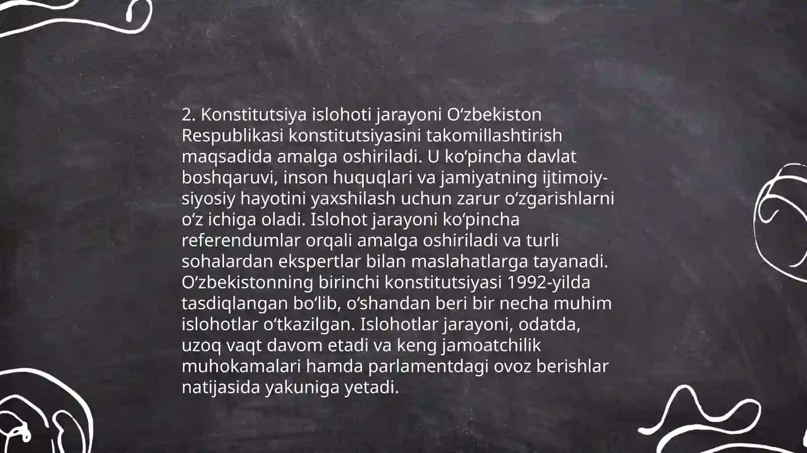 Yangi tahrirdagi O'zbekiston Respublikasi konstitutsiyasining qabul qilinishi. Konstitutsiya va davlat konstitutsiyasining asosiy prinsplari va xususiyatlari 4