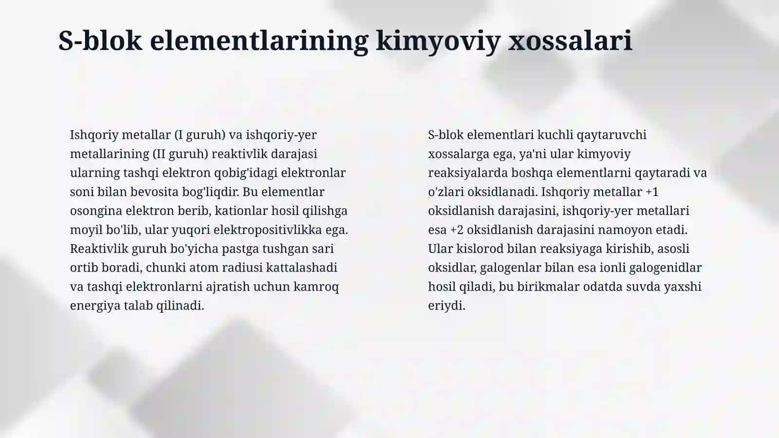 S-blok elementlarining umumiy tavsifi. Biologik roli. Konsentratsiya gradienti. 4