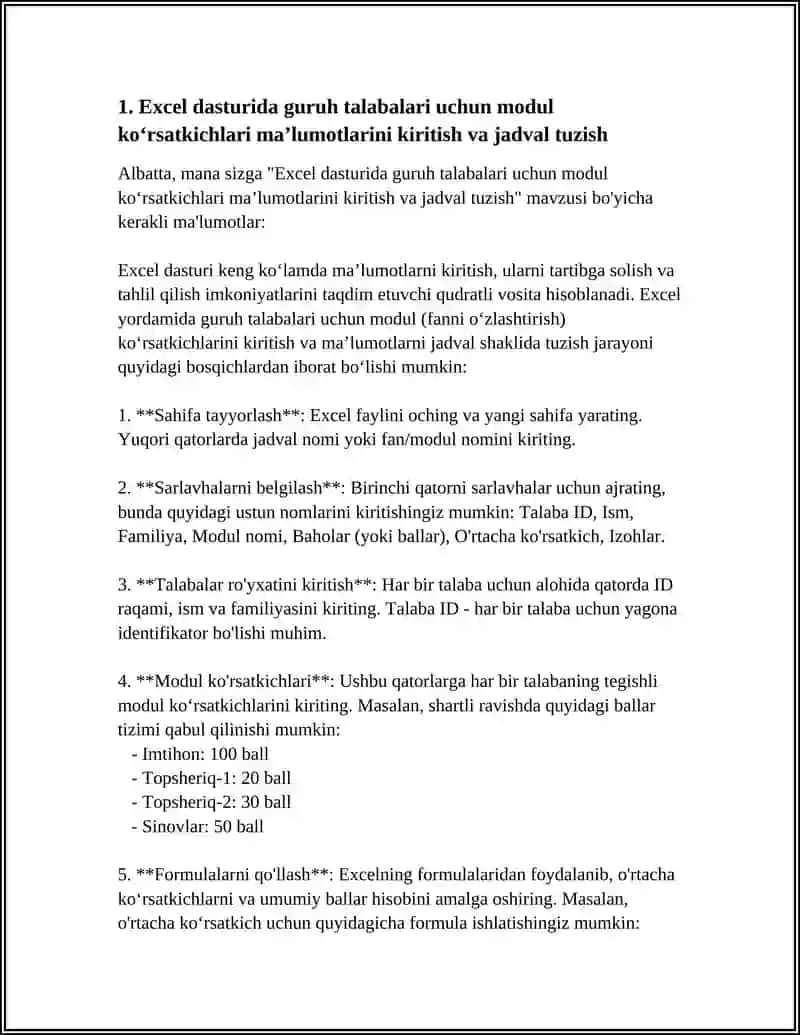 EXCEL DASTURIDA GURUH TALABALARINING MODULLAR BOʻYICHA OʻZLASHTIRISH KOʻRSATKICHI 4
