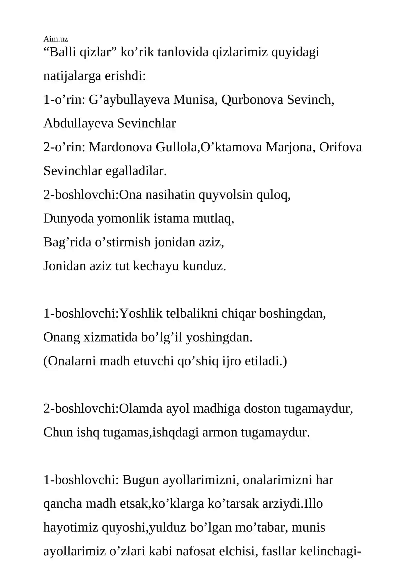 “Onajon sizga ta’zim” (senariy) 4