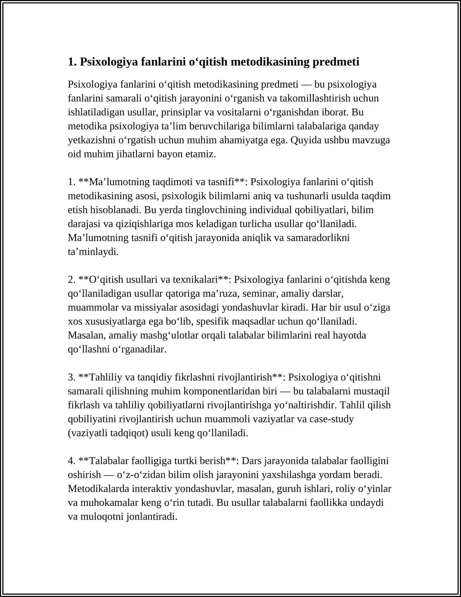 PSIXOLOGIYA FANLARINI O‘QITISH METODIKASI 4