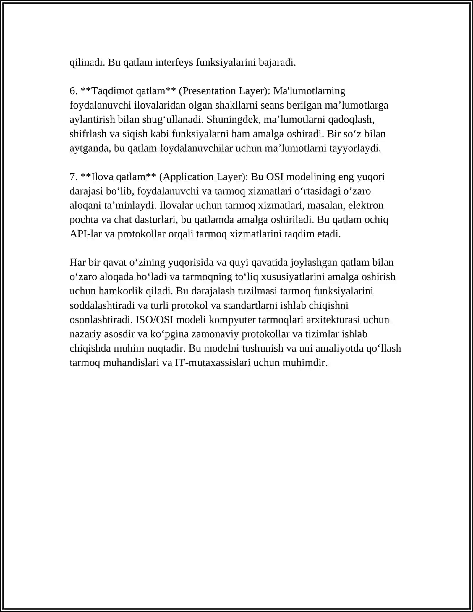 KOMPYUTER TARMOQLARINING ASOSIY TURLARI ISO/OSI MODELI. STANDART TARMOQ PROTOKOLLARI 4