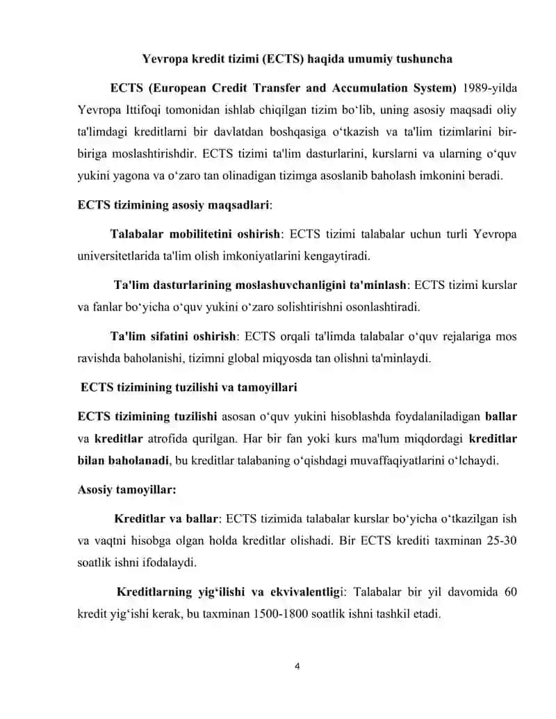 Yevropa tizimida ballarni yig'ish va ECTS o'tkazilishi 4