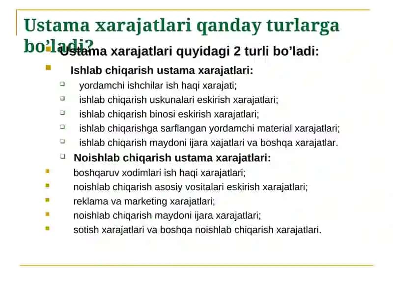 Material, mehnat va ustama xarajatlar hisobi. 4