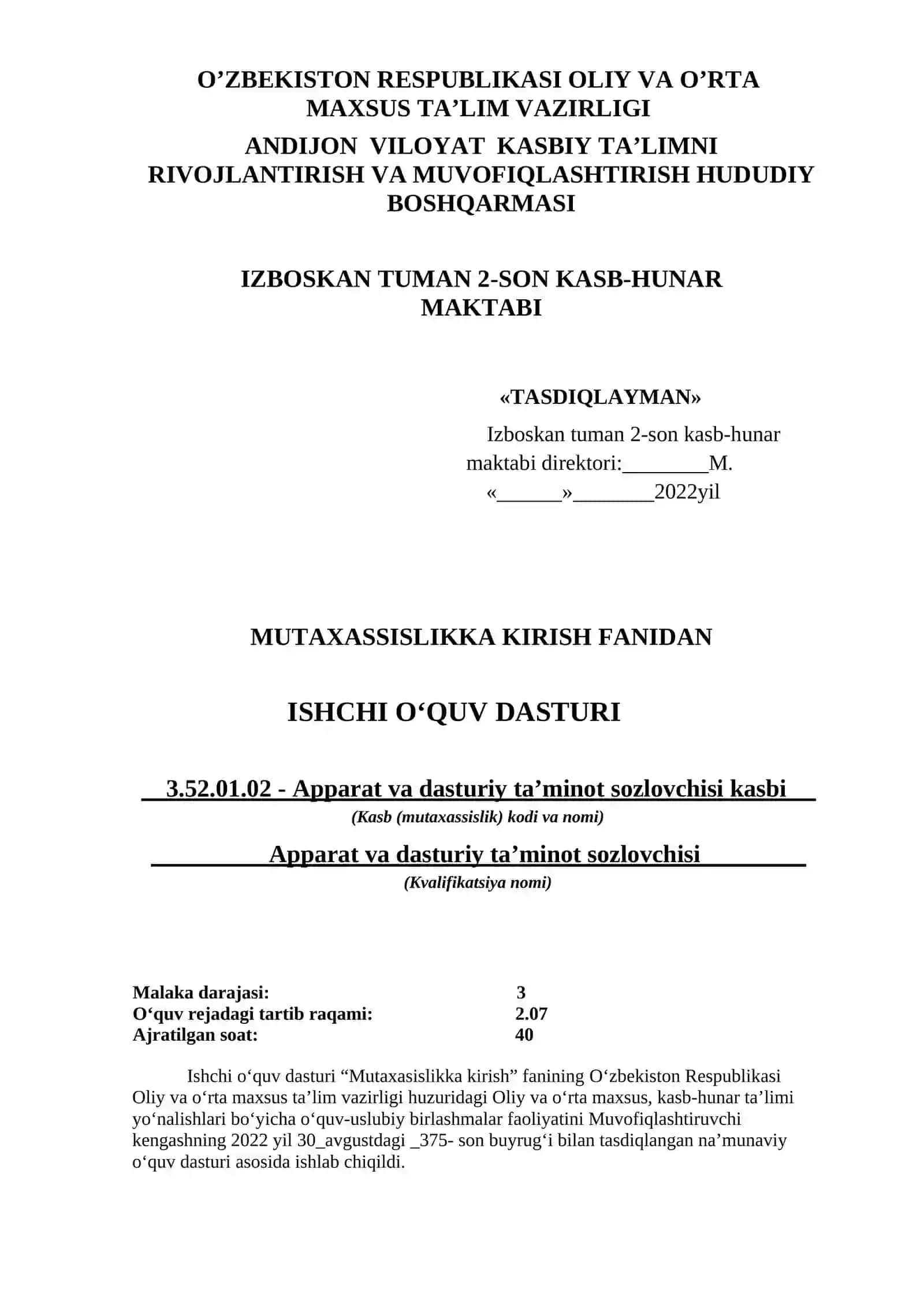 Mutaxasislikka kirish fanidan O'MT 4