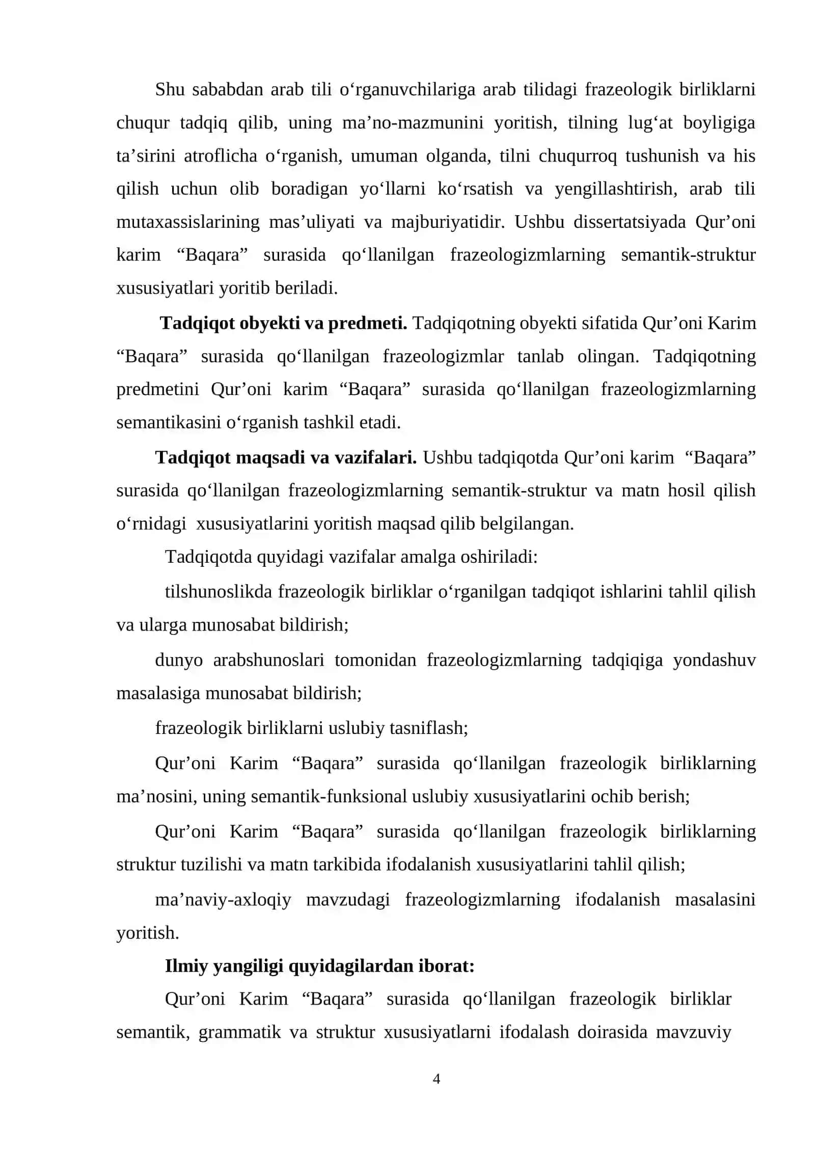 AVTOREFERAT. DIPLOM ISHI. Qur'oni Karim “Baqara” surasida qo'llangan frazeologizmlar semantikasi 4