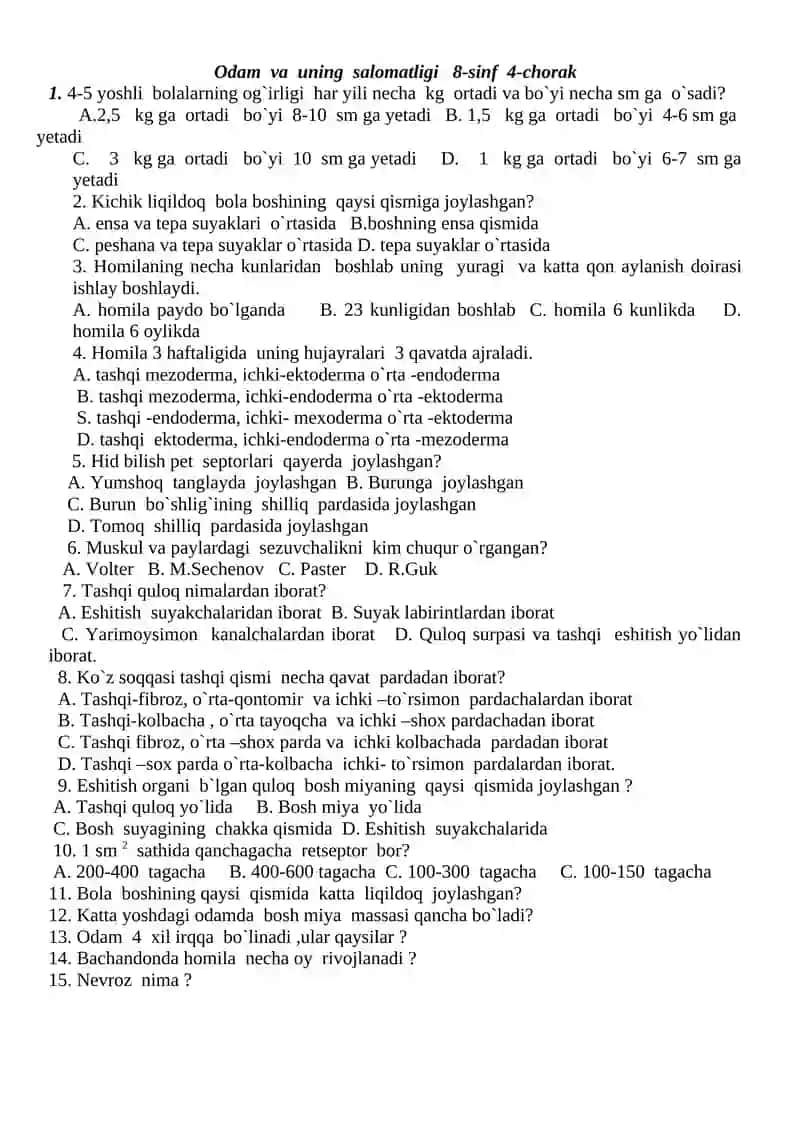Odam va uning salomatligi 8-sinf 4