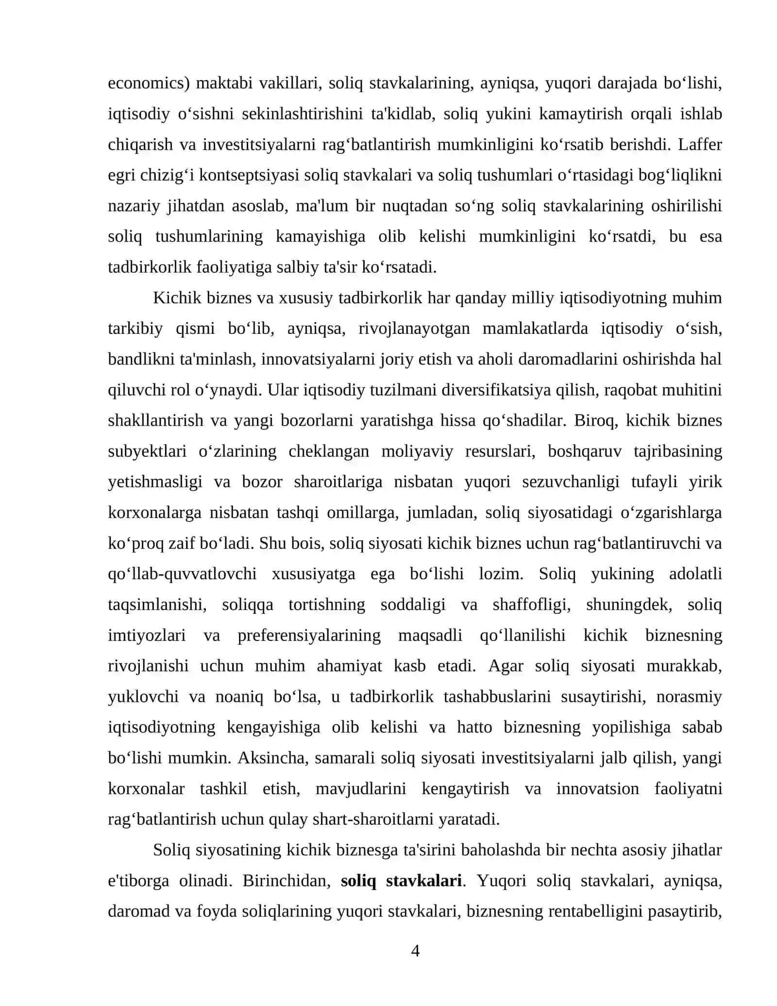 O‘zbekiston Respublikası soliq siyosatining kichik biznes va xususiy tadbirkorlikni rivojlantirishdagi o‘rni va ahamiyati 4